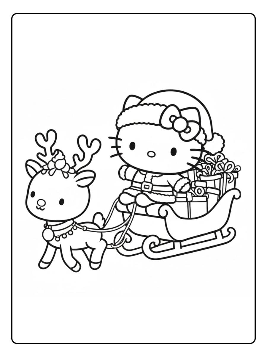 Ausmalbilder Weihnachten Hello Kitty Süße Schlittenfahrt mit Rentier