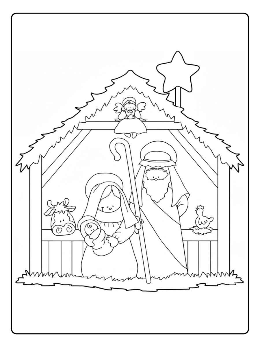 Ausmalbilder Weihnachten Krippe Blumen und Schmetterling