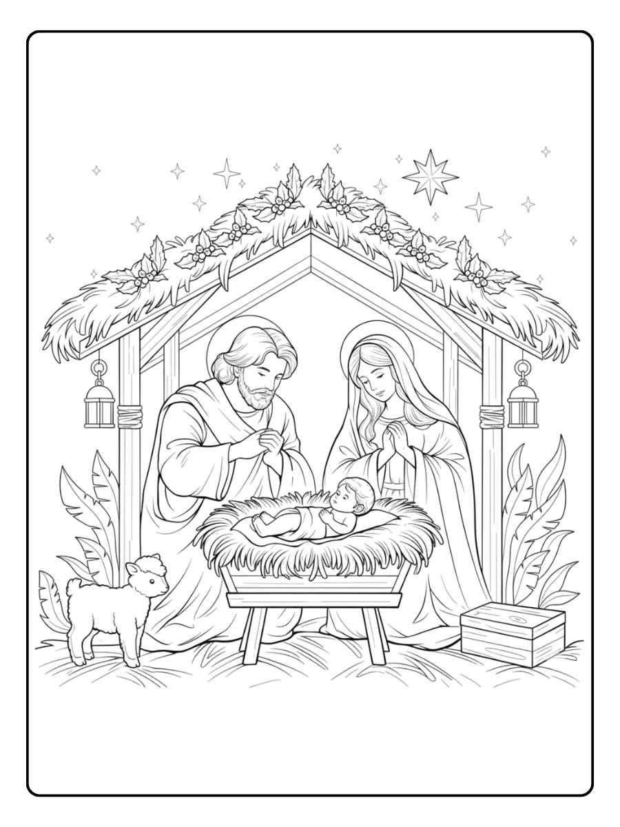 Ausmalbilder Weihnachten Krippe mit Hirten und Königen