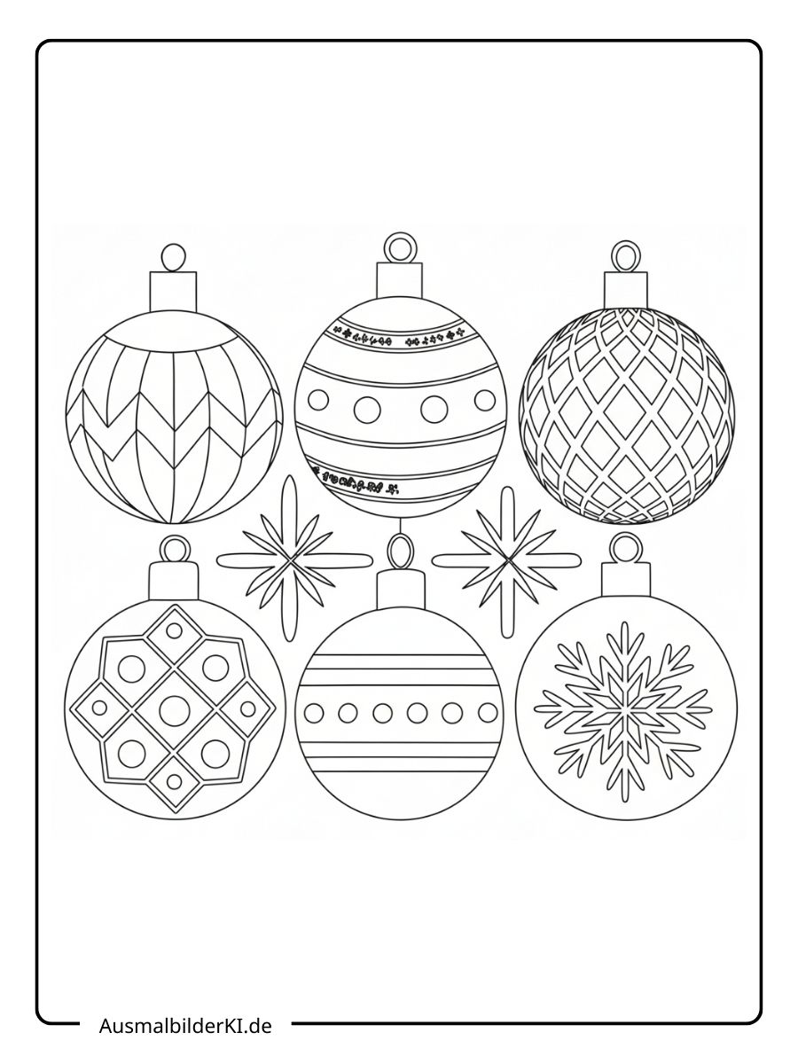 Ein kostenloses Weihnachten Kugeln Ausmalbild, das sechs verschiedene Christbaumkugeln mit geometrischen Mustern und Sternen zeigt.