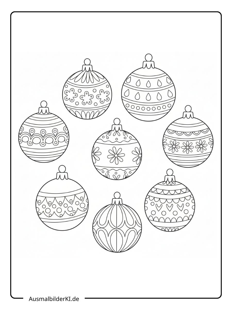 Ein kostenloses Weihnachten Kugeln Ausmalbild, das eine kreisförmige Anordnung von acht verschiedenen Christbaumkugeln mit Blumen- und Herzmustern zeigt.