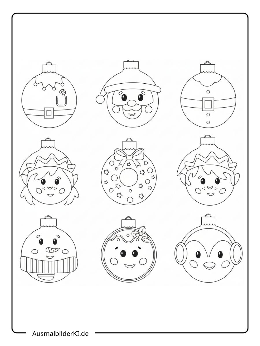 Ein kostenloses Weihnachten Kugeln Ausmalbild, das 9 verschiedene Kugeln mit Gesichtern von Weihnachtsmann, Elfen, Schneemann und Pinguin zeigt.