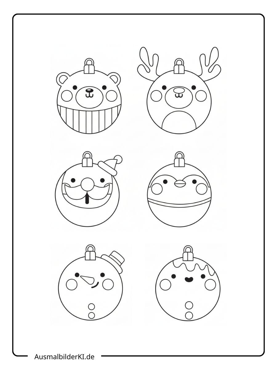 Ein kostenloses Weihnachten Kugeln Ausmalbild, das 6 Kugeln mit Gesichtern von Bär, Rentier, Weihnachtsmann, Pinguin, Schneemann zeigt.