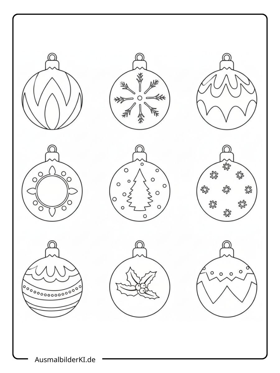Ein kostenloses Weihnachten Kugeln Ausmalbild, das neun verschiedene klassische Christbaumkugeln mit Mustern wie Sternen, Wellen und Tannenbaum zeigt.