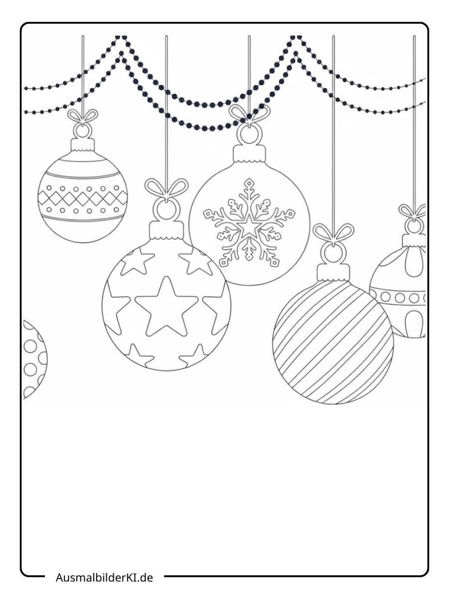 Ein kostenloses Weihnachten Kugeln Ausmalbild, das eine Girlande mit verschiedenen hängenden Christbaumkugeln und Perlenketten zeigt.