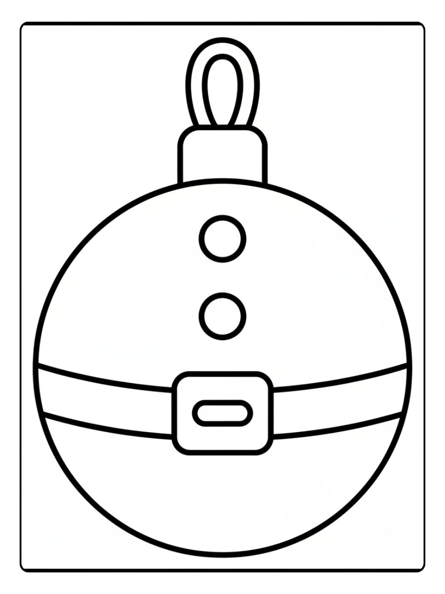 Ein kostenloses Weihnachten Kugeln Ausmalbild, das eine Kugel im Design des Weihnachtsmann-Bauchs mit Gürtel und Knöpfen zeigt.