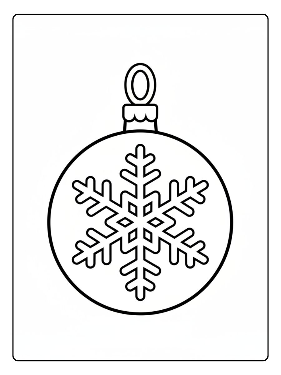Ein kostenloses Weihnachten Kugeln Ausmalbild, das eine einfache Christbaumkugel mit einer großen Schneeflocke in der Mitte zeigt.