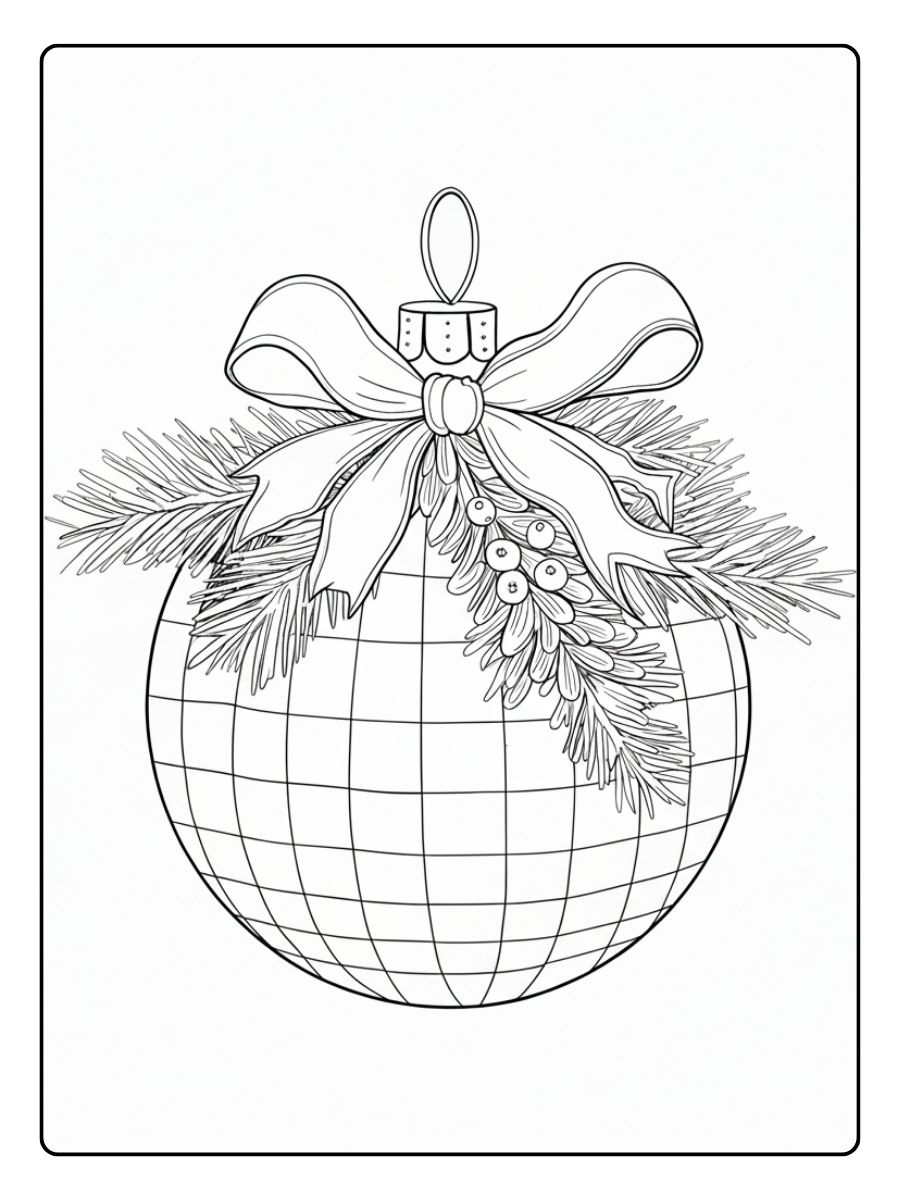 Ein kostenloses Weihnachten Kugeln Ausmalbild, das eine Kugel im Diskokugel-Stil mit einer großen Schleife und Tannenzweigen zeigt.