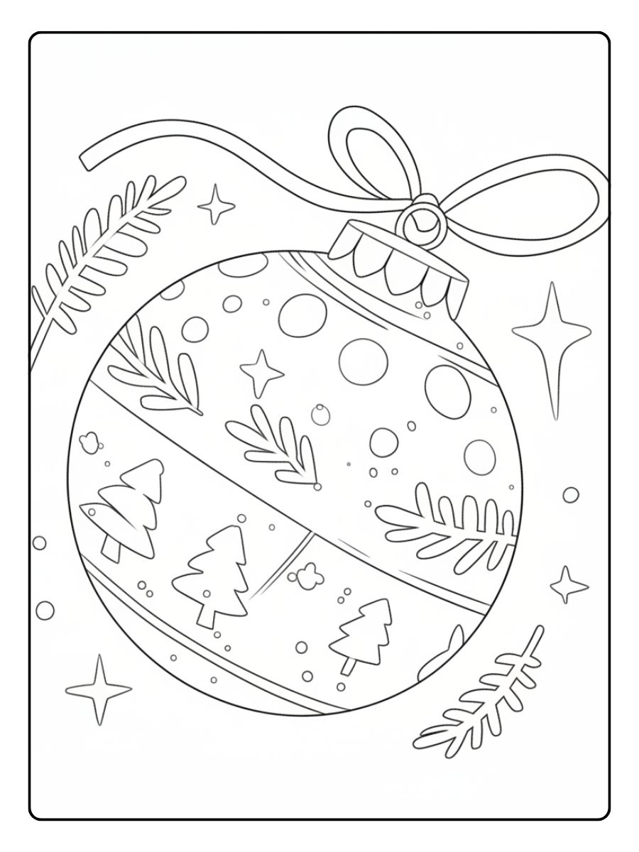Ein kostenloses Weihnachten Kugeln Ausmalbild, das eine große Christbaumkugel mit Tannenbaum-Muster und einer Schleife zeigt.