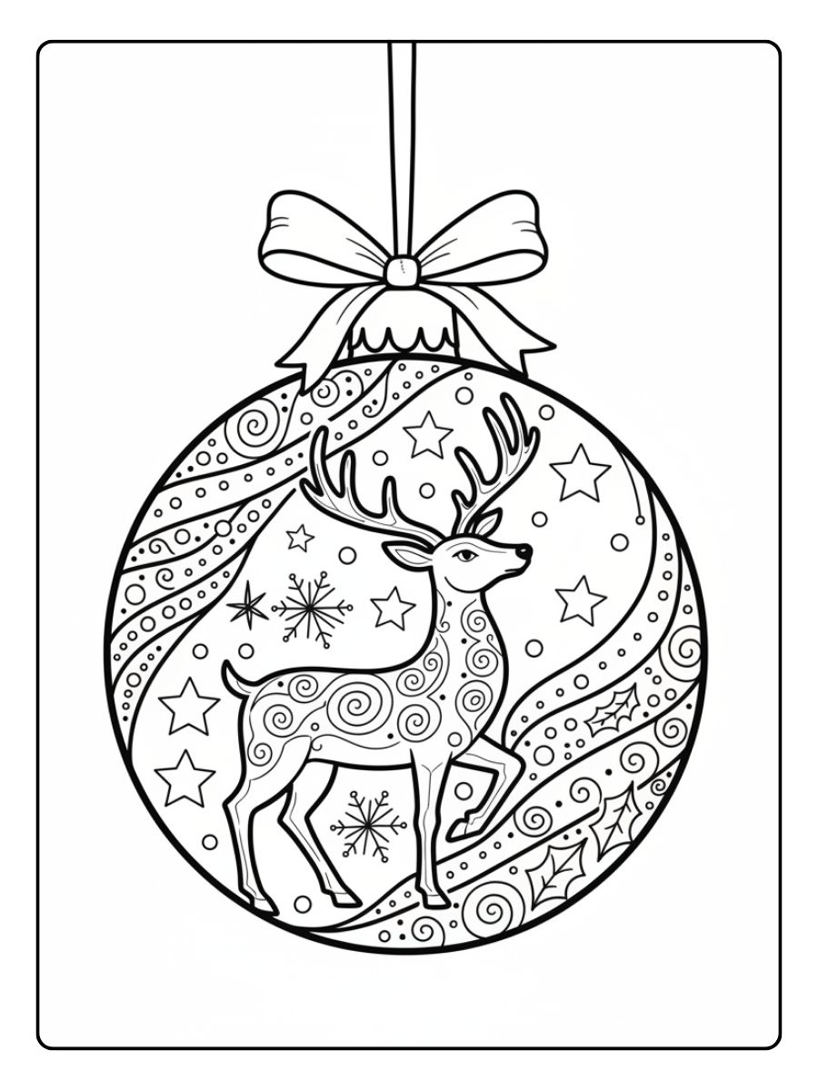 Ein kostenloses Weihnachten Kugeln Ausmalbild, das eine Kugel dekoriert mit einem majestätischen Rentier, Sternen und Ornamenten zeigt.