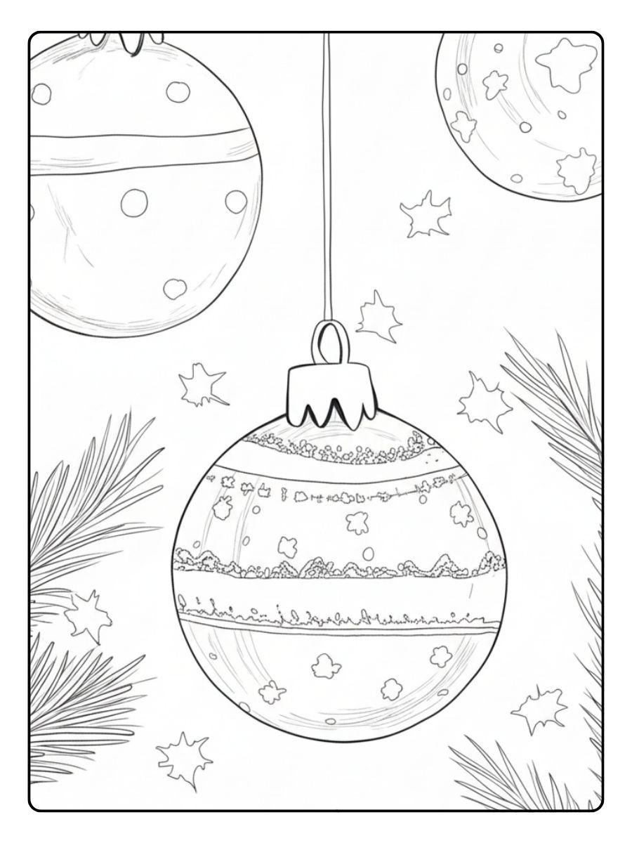 Ein kostenloses Weihnachten Kugeln Ausmalbild, das eine dekorierte Christbaumkugel zeigt, die an einem Faden zwischen Tannenzweigen hängt.
