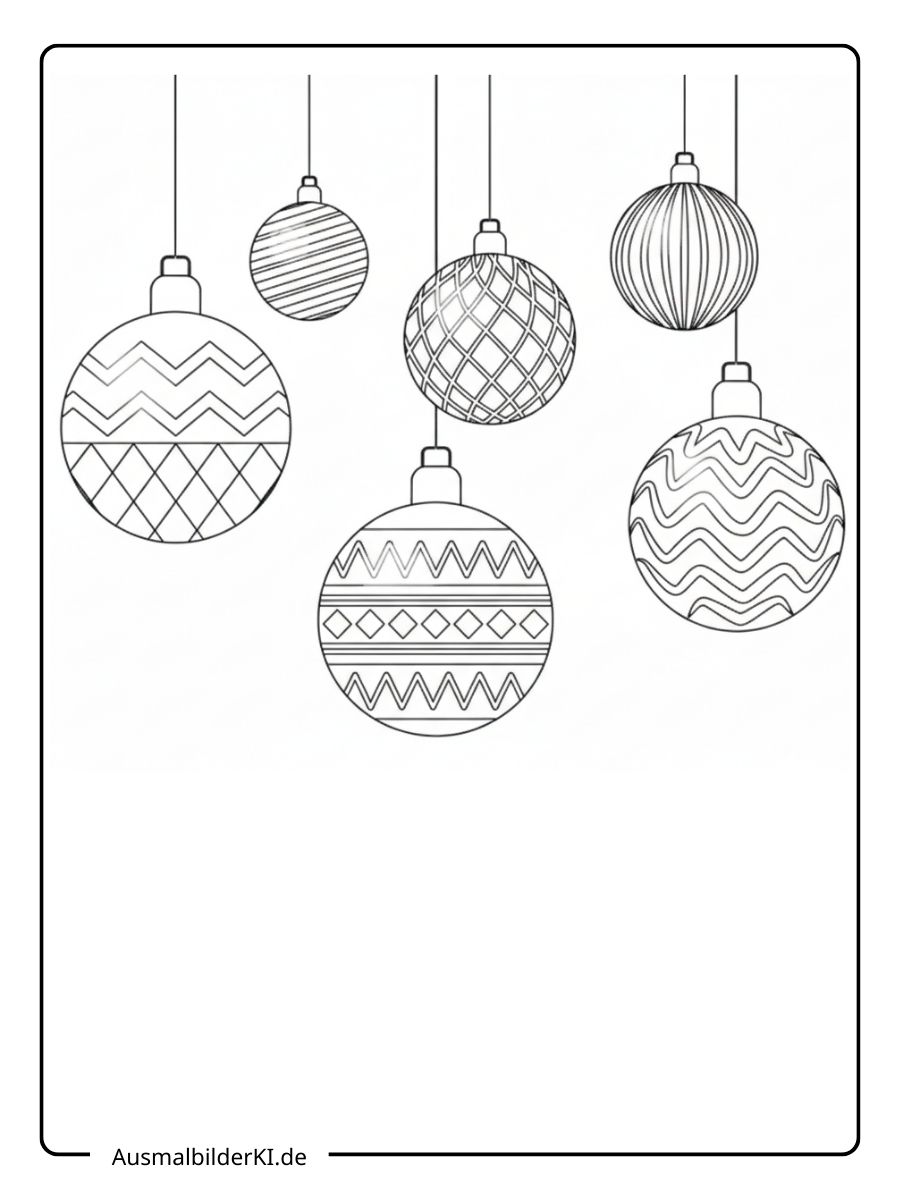 Ein kostenloses Weihnachten Kugeln Ausmalbild, das eine Sammlung von 6 hängenden Kugeln mit verschiedenen geometrischen Mustern zeigt.