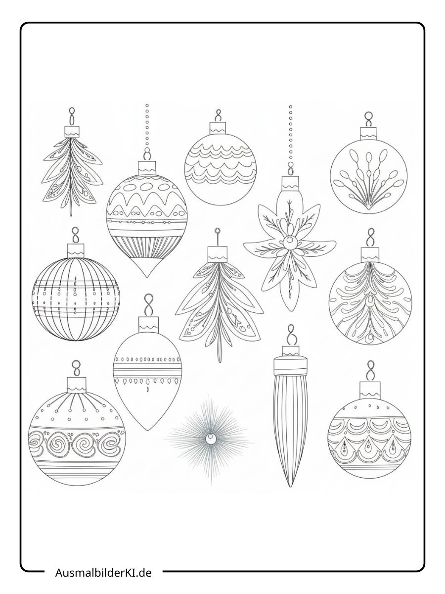 Ein kostenloses Weihnachten Kugeln Ausmalbild, das eine Sammlung von 12 verschiedenen Christbaumkugeln und Ornamenten in verschiedenen Formen zeigt.