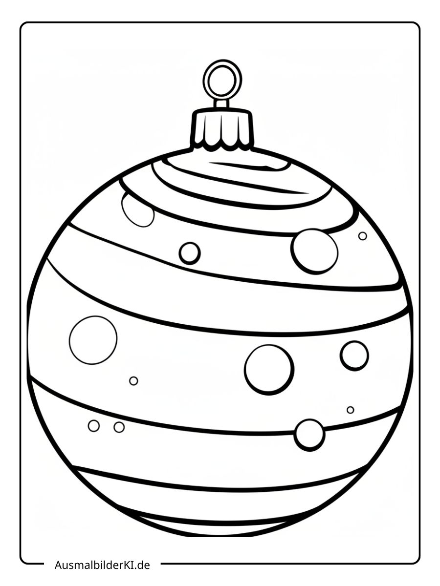 Ein kostenloses Weihnachten Kugeln Ausmalbild, das eine einfache, große Christbaumkugel mit breiten Streifen und großen Punkten zeigt.