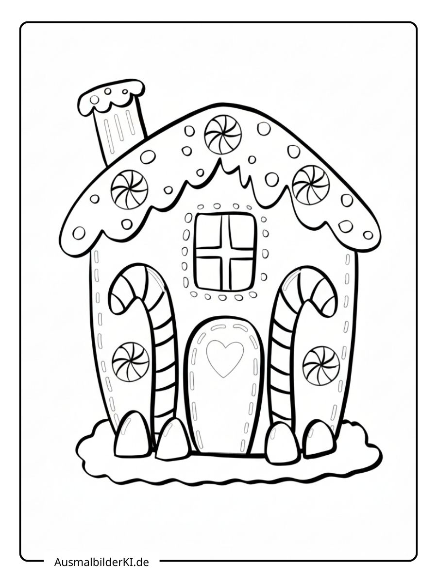 Ein kostenloses Weihnachten Ausmalbild, das ein geschwungenes Lebkuchenhaus mit zwei großen Zuckerstangen und einem Herz an der Tür zeigt.