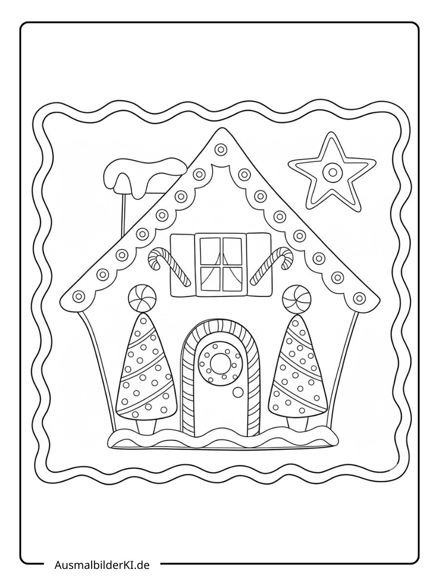 Ein kostenloses Weihnachten Ausmalbild, das ein Lebkuchenhaus mit zwei kegelförmigen Bäumen, einem Stern und einem gewellten Rahmen zeigt.