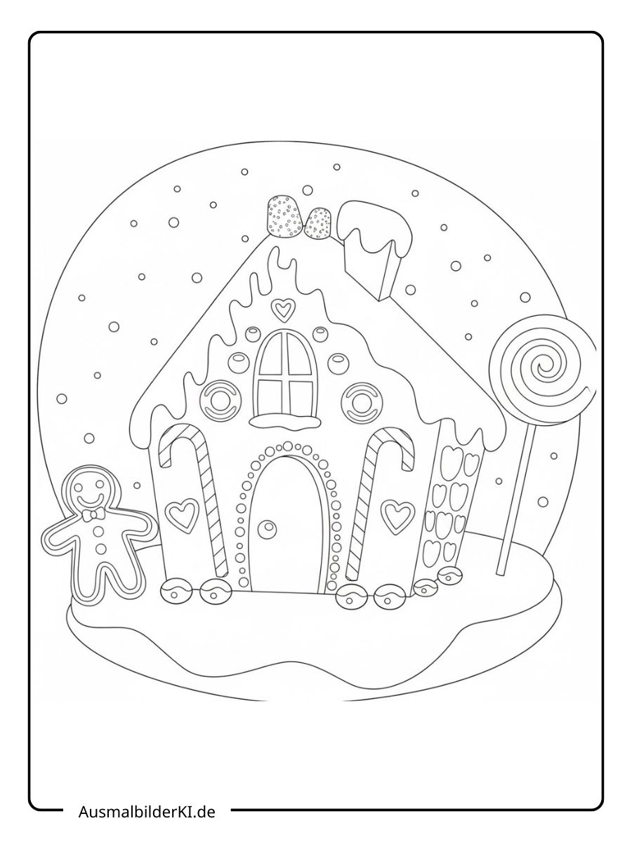 Ein kostenloses Weihnachten Ausmalbild: Lebkuchenhaus mit Herz-Deko, Lebkuchenmann und riesigem Lutscher im Schnee.
