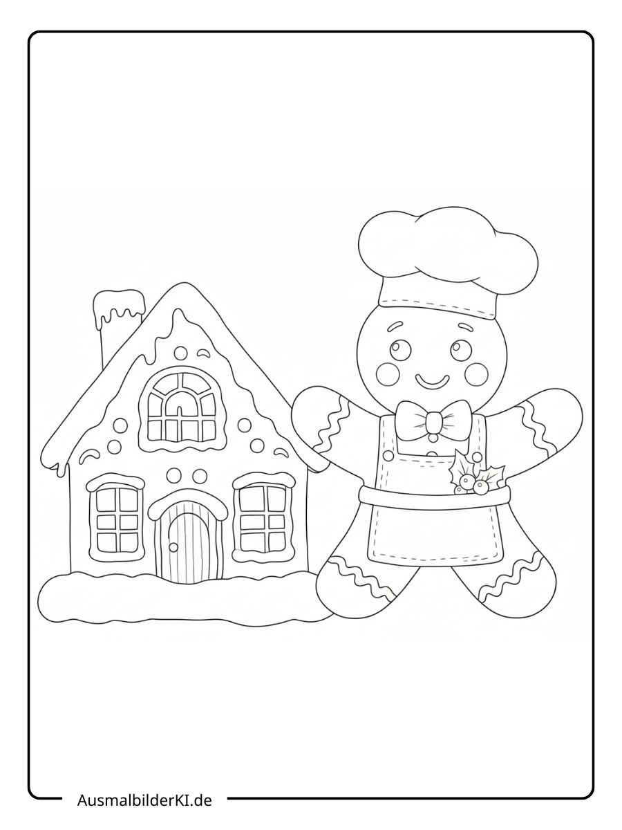 Ein kostenloses Weihnachten Ausmalbild, das einen Lebkuchenmann in Kochmütze und Schürze neben einem Lebkuchenhaus zeigt.