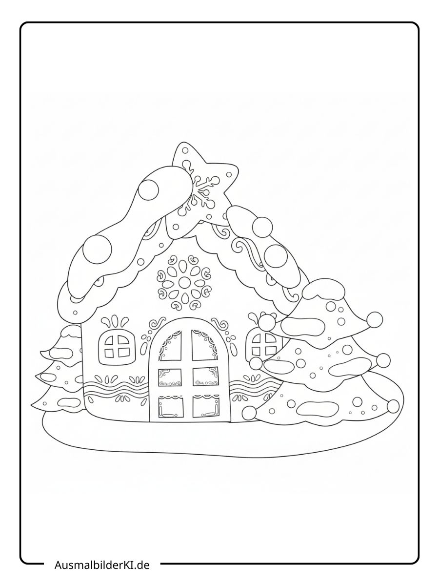 Ein kostenloses Weihnachten Ausmalbild, das ein kleines Lebkuchenhaus mit einem Stern auf dem Dach und schneebedeckten Tannenbäumen zeigt.