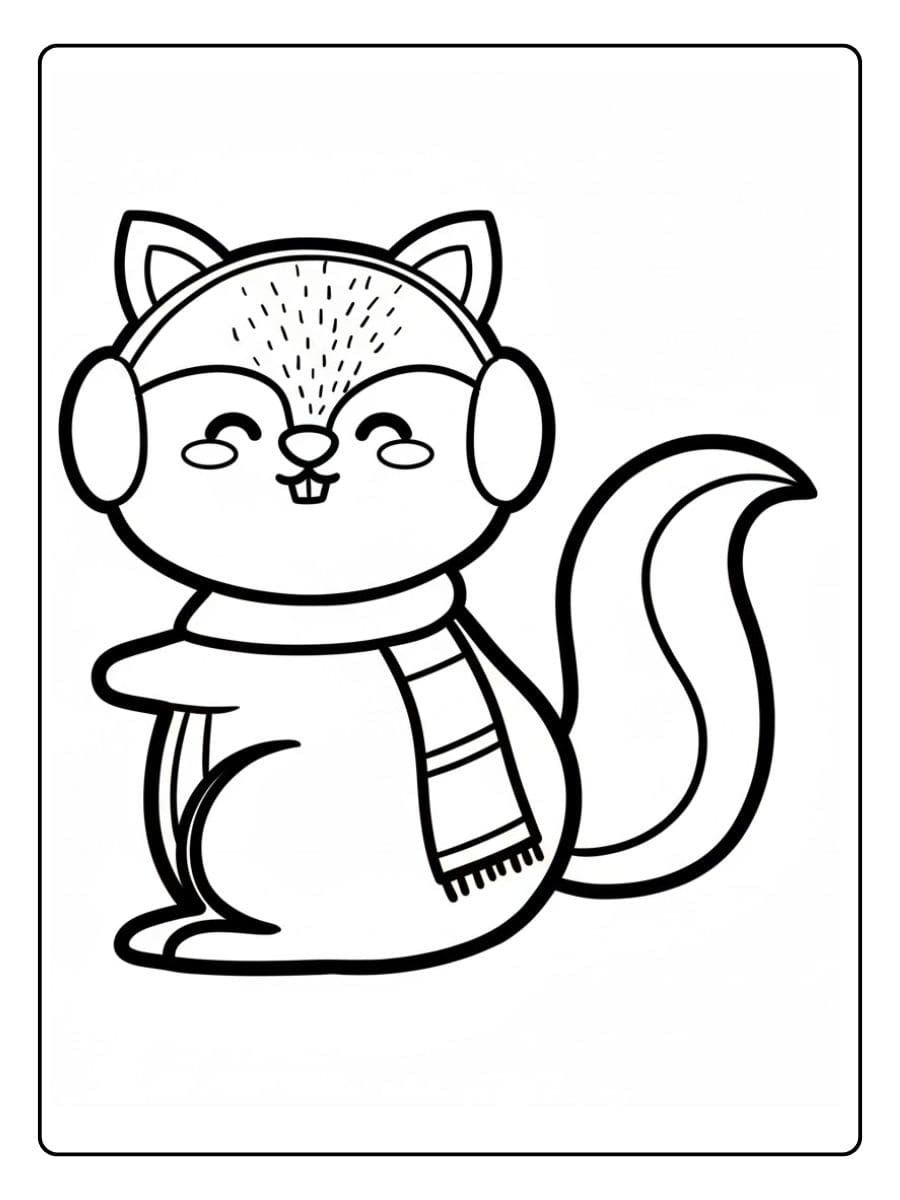 Ausmalbilder Weihnachten Tiere Eichhörnchen mit Mütze und Schal
