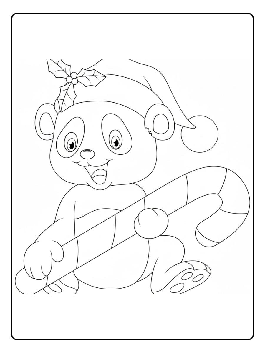 Ausmalbilder Weihnachten Tiere Niedlicher Panda mit Zuckerstange