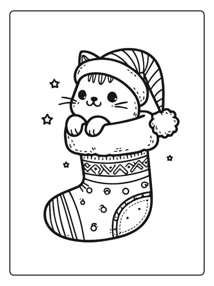 Weihnachtsstrümpfe Ausmalbilder mit einer süßen Katze