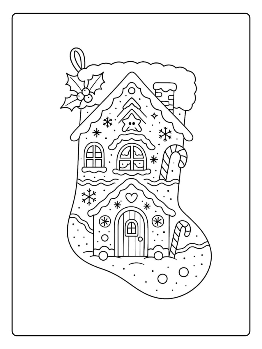 Weihnachtsstrumpf Malvorlage mit Lebkuchenhaus
