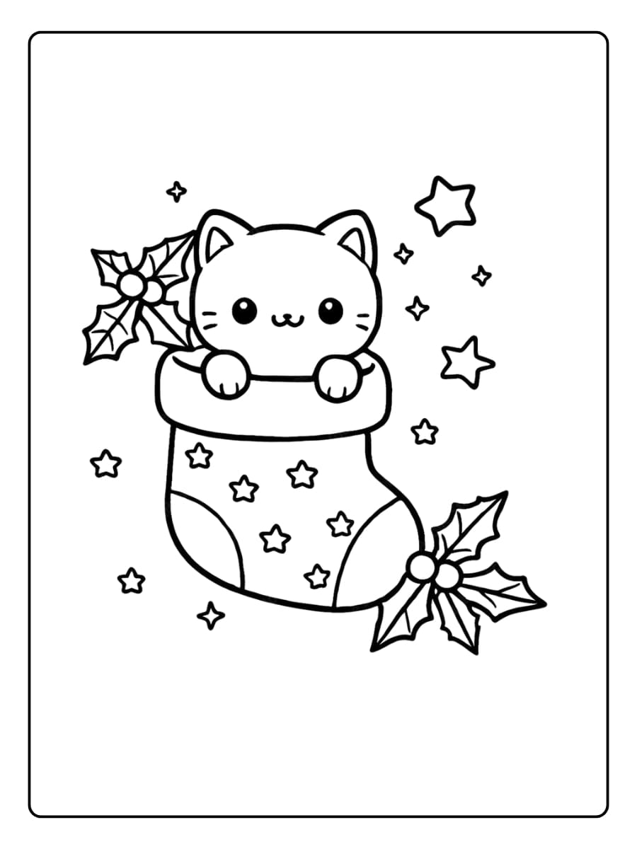 Süße Katze im Weihnachtsstrumpf zum Ausmalen