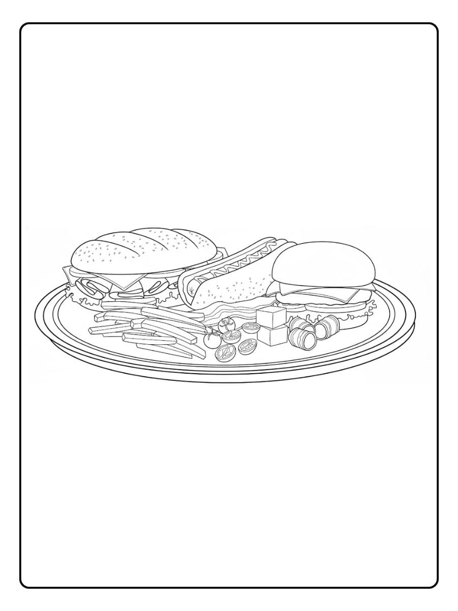 Ein kostenloses Essen Ausmalbild als PDF zum Ausdrucken, das einen großen Teller mit Fast Food wie Burger, Hot Dog, Sandwich und Pommes zeigt.