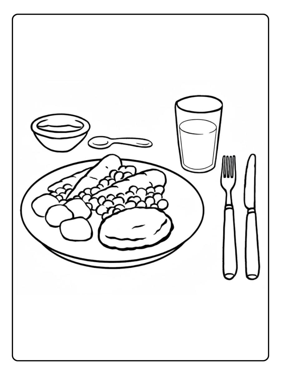 Ein kostenloses Essen Ausmalbild als PDF zum Ausdrucken, das einen Teller mit warmem Mittagessen, Besteck und einem Glas Wasser zeigt.