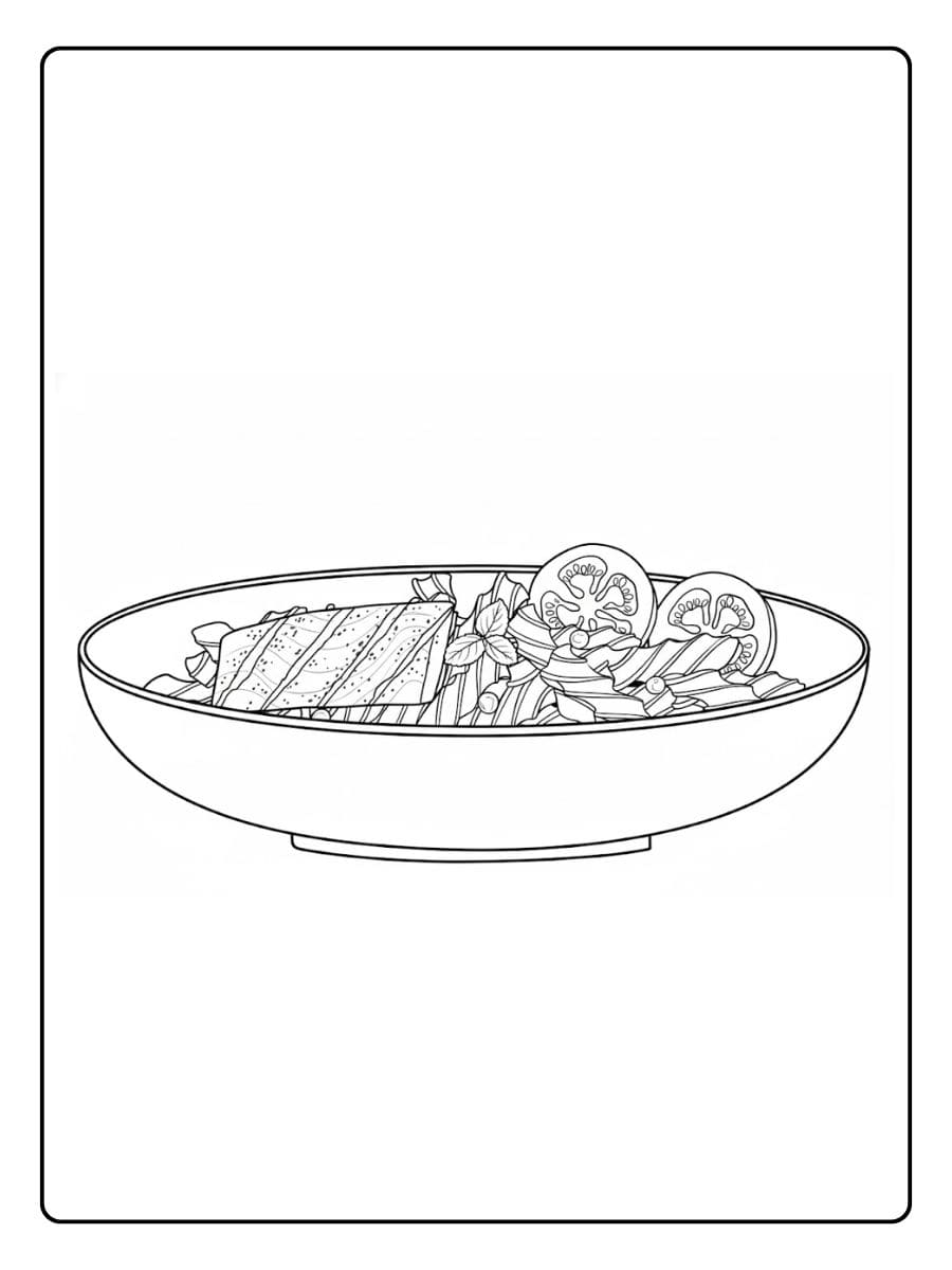 Ein kostenloses Essen Ausmalbild als PDF zum Ausdrucken, das eine Schüssel Pasta mit gegrilltem Lachs und Tomatenscheiben zeigt