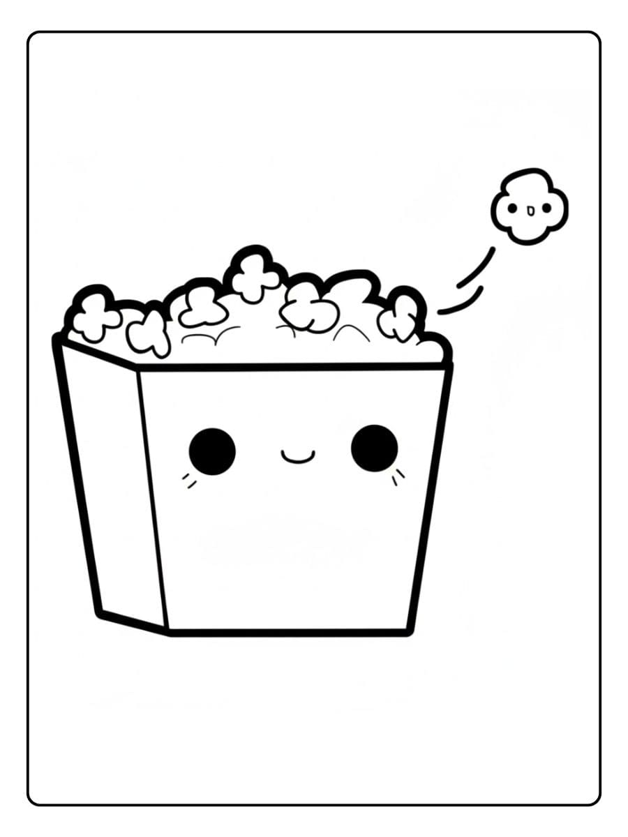 Ein kostenloses süßes Essen Ausmalbild als PDF zum Ausdrucken, das eine niedliche Popcorn-Tüte mit einem einfachen Kawaii-Gesicht zeigt.