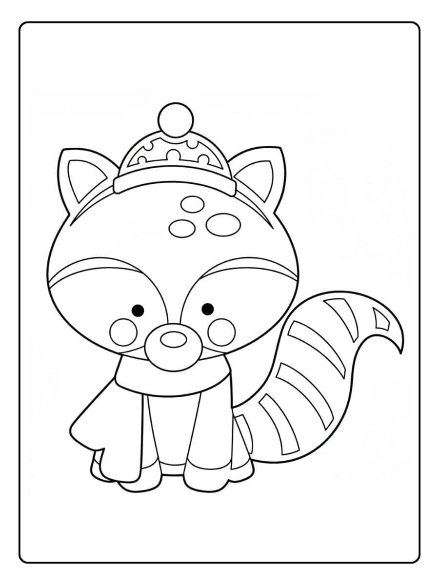 Einfache Ausmalbilder Weihnachten Tiere Niedlicher Waschbär mit Mütze