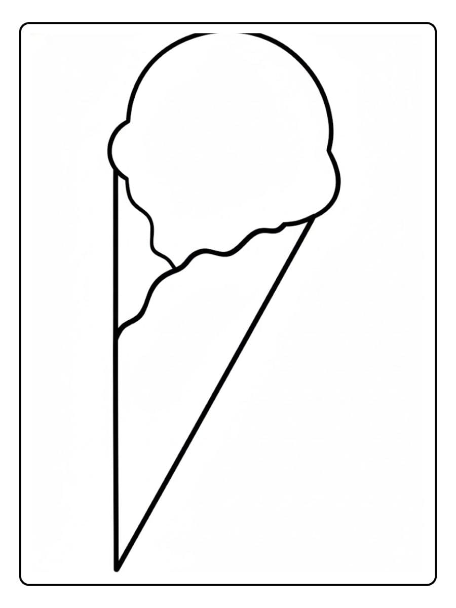 Ein kostenloses süßes Essen Ausmalbild als PDF zum Ausdrucken, das eine einfache, leckere Eiswaffel mit einer Kugel Eis zeigt.