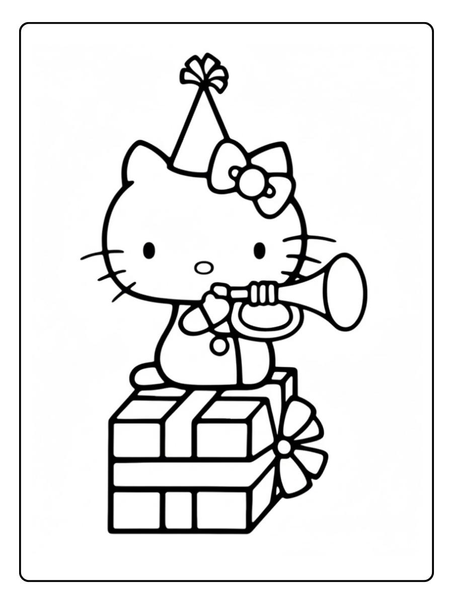 Hello Kitty Ausmalbilder zum Geburtstag mit Geschenk und Trompete