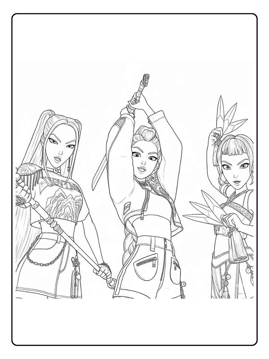 Kpop Demon Hunters Ausmalbilder Drei Jägerinnen mit Waffen