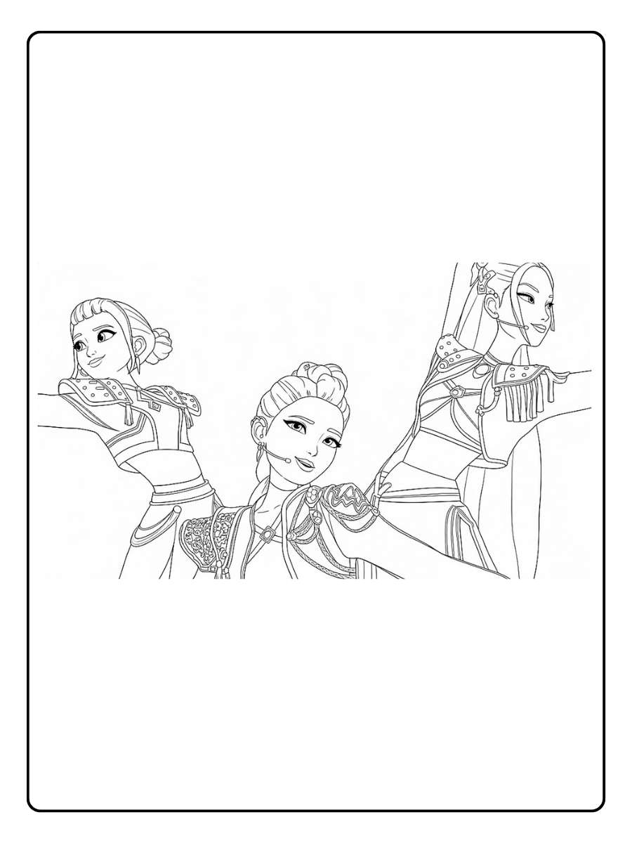 Kpop Demon Hunters Ausmalbilder Gruppe von Jägerinnen im Kampfmodus