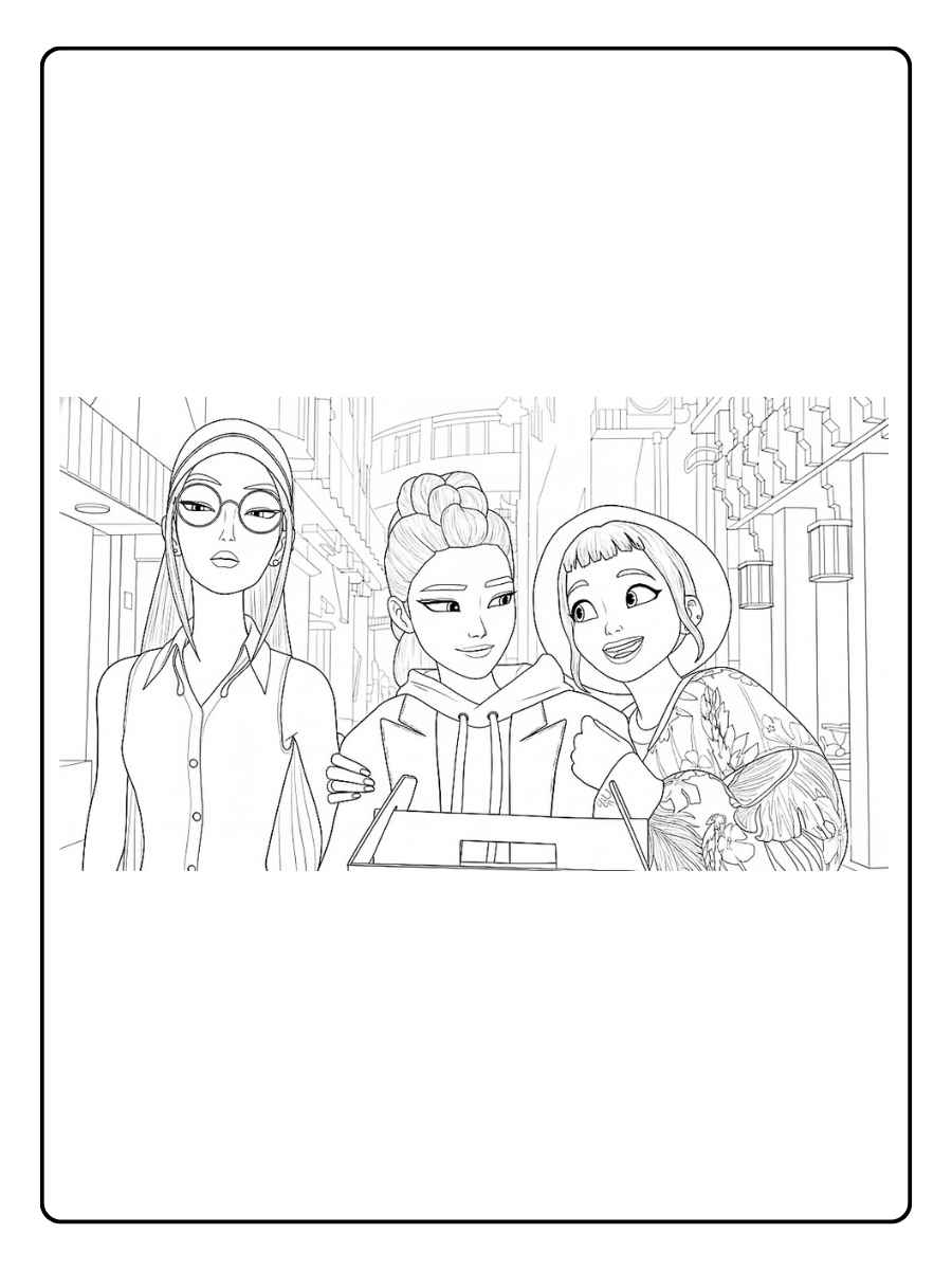 Kpop Demon Hunters Ausmalbilder Team von drei Jägerinnen im Alltag