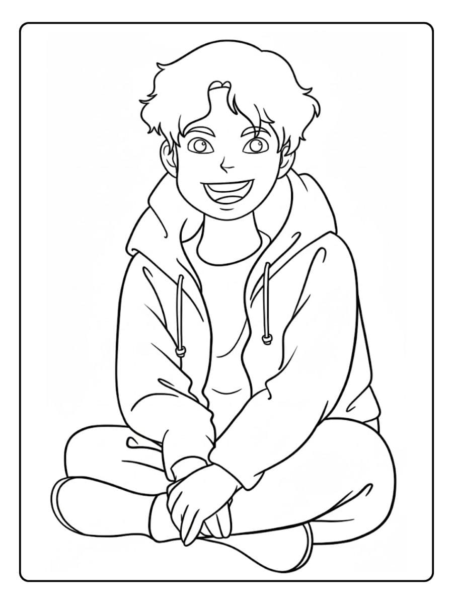 Lachender Anime Junge im Hoodie Einfache Ausmalbilder Skizze