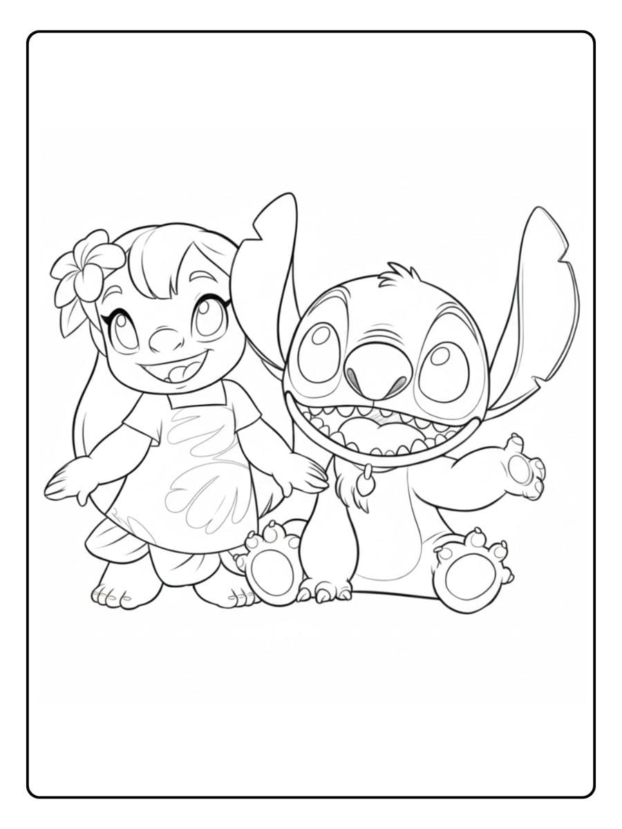 Lilo und Stitch Ausmalbilder Fröhlicher Tanz von Lilo und Stitch mit Ukulele