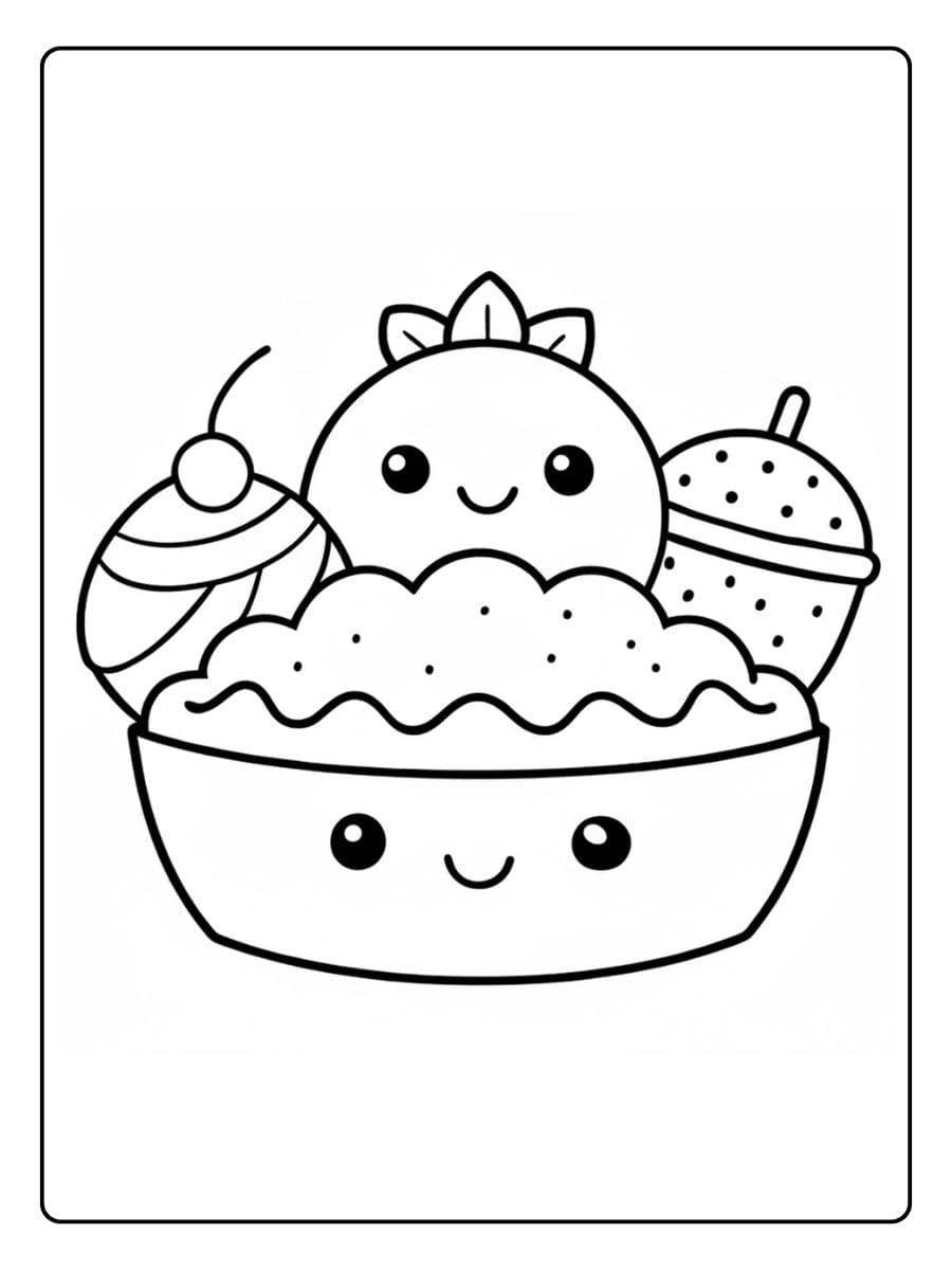 Ein kostenloses süßes Essen Ausmalbild als PDF zum Ausdrucken, das eine lachende Schüssel mit einem Cupcake und einer niedlichen Frucht zeigt.