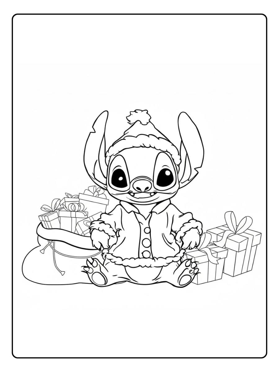 Lustige Stitch Ausmalbilder Weihnachten Stitch als Weihnachtsmann mit Geschenken