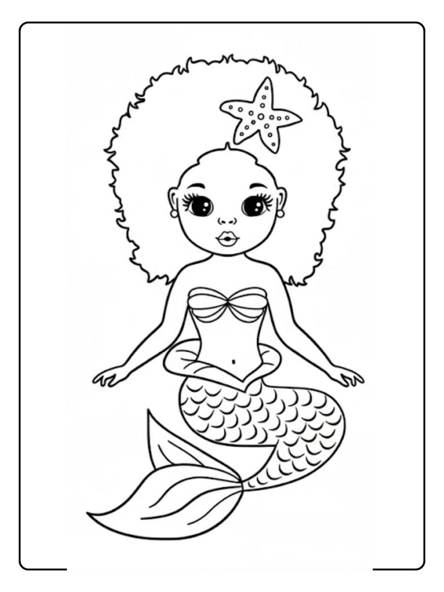 Meerjungfrau Ausmalbild Einfach Lockige Haare und Seestern