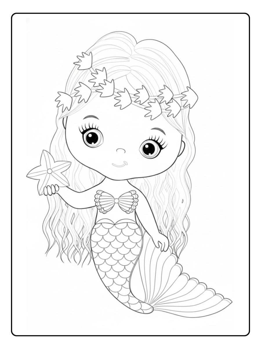 Meerjungfrau Ausmalbild Einfach Nixe mit großen Augen zum Ausdrucken