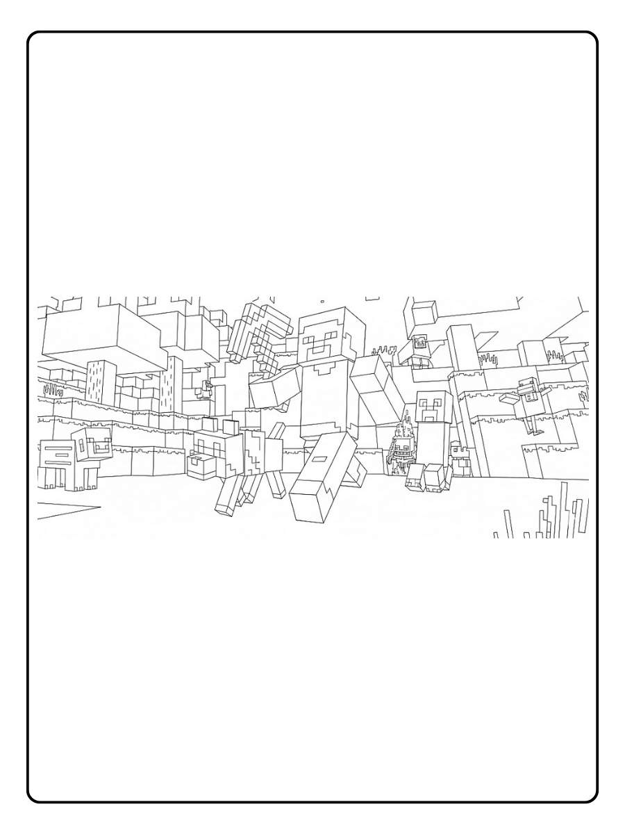 Minecraft Ausmalbilder Große Gruppe von Charakteren in einem Minecraft Dorf