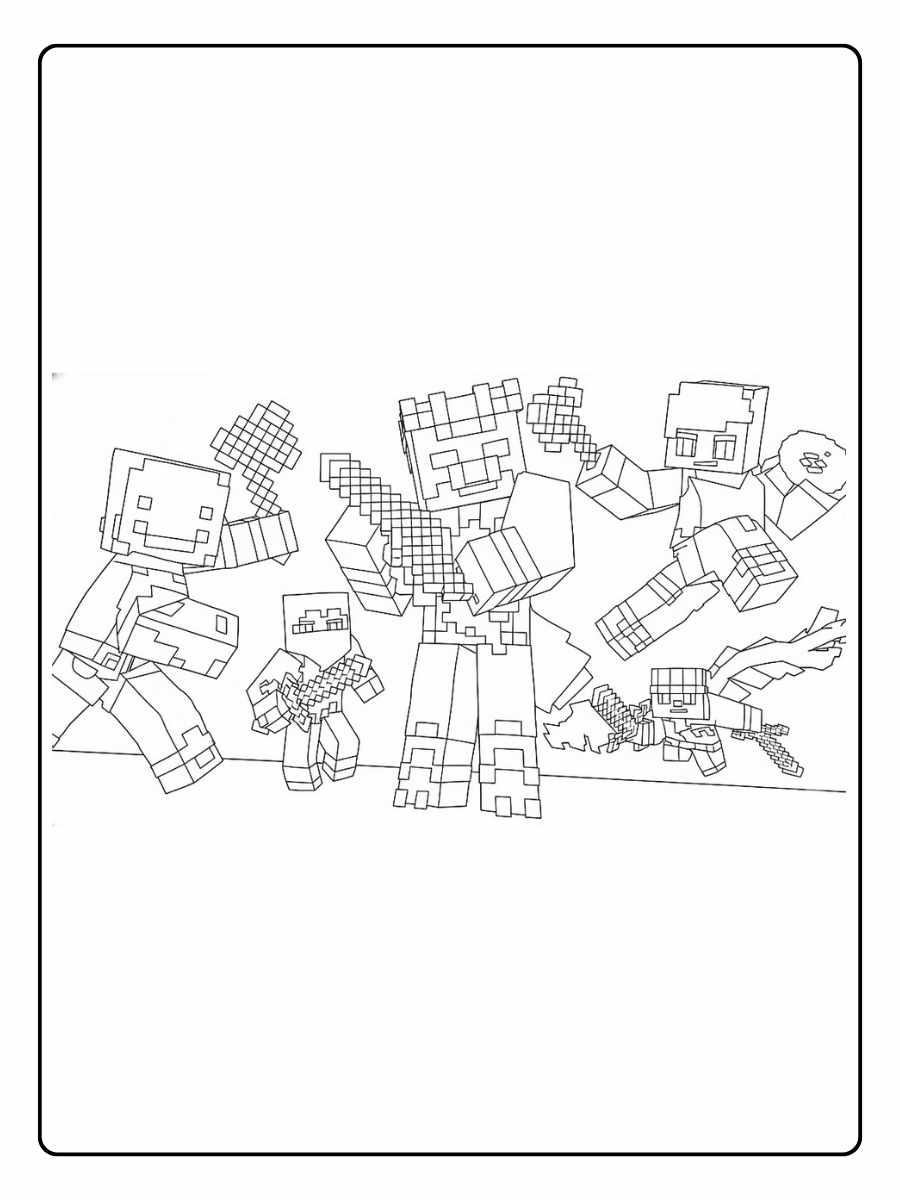 Minecraft Ausmalbilder Kämpfende Blockcharaktere im Minecraft Stil
