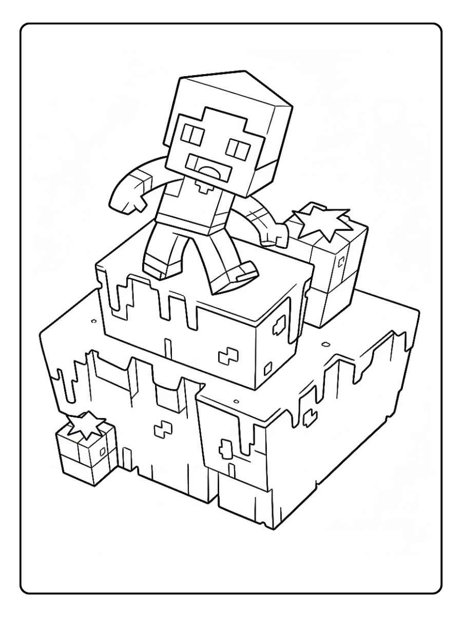 Minecraft Ausmalbilder Spieler auf einer Blockfestung mit Schwert