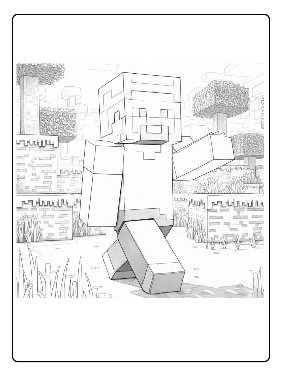 Minecraft Ausmalbilder Spieler, der durch einen Minecraft Wald wandert