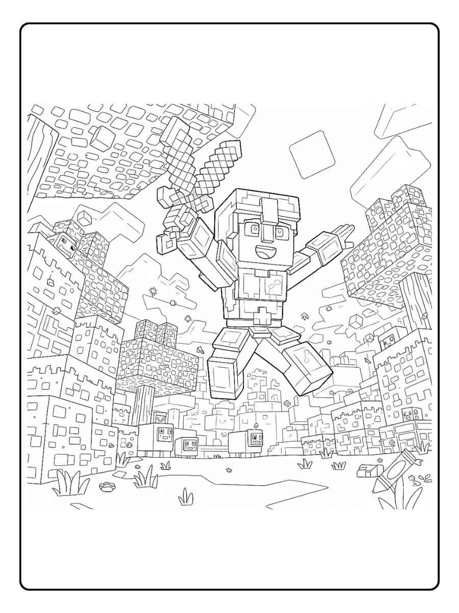Minecraft Ausmalbilder Springender Spieler in einer Blockwelt