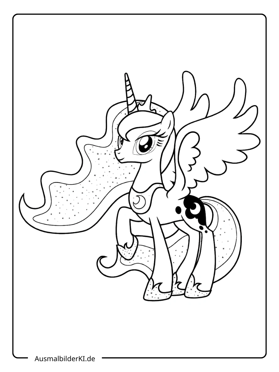 Ausmalvorlage Prinzessin Luna mit ihrer fließenden magischen Mähne.